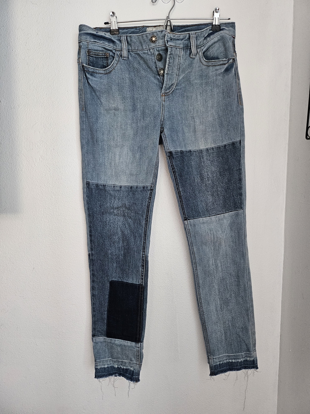 Free People Two-Tone Patchwork Skinny Jeans in Light and Dark Blue